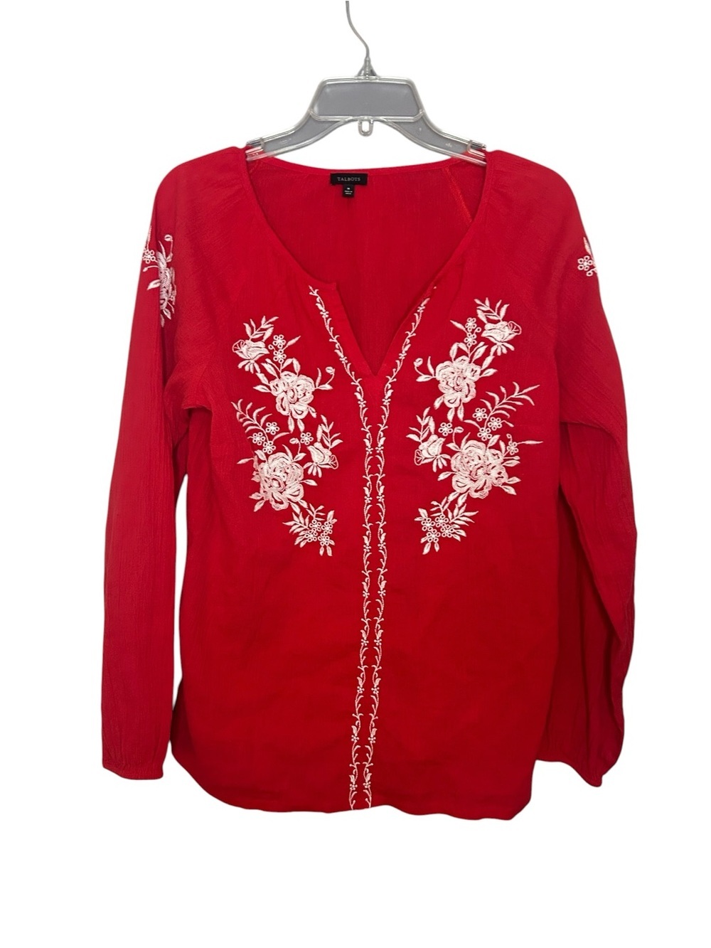 Talbots Red Embroidered Cotton Peasant Blouse Medium Floral Boho